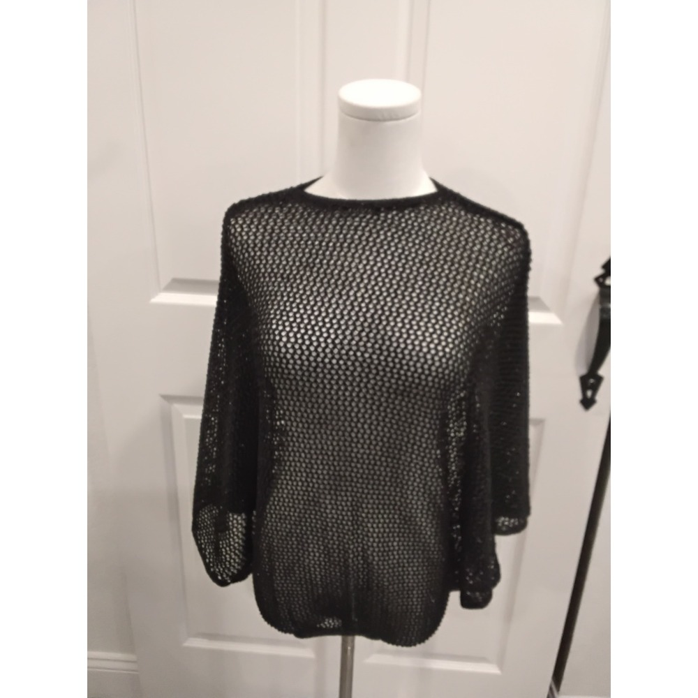 Zara‎ Black Metallic Open Knit Mesh Sweater Open Back Tie Neck Small